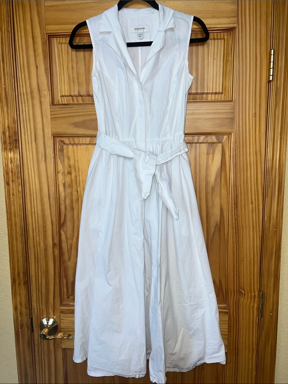 Isaac Mizrahi White Sleeveless Collared Midi Dress with Waist Tie